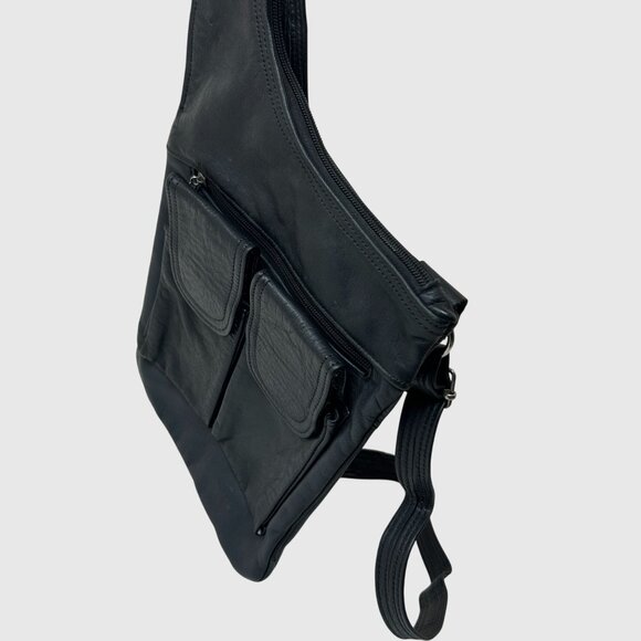 Black Faux Leather Crossbody Sling Bag Travel Utility Chest Pack Messenger Purse - Picture 3 of 8